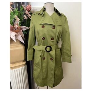 A1-- MISTY HARBOR vtg green long sleeve double breasted belted coat 9 jr petite